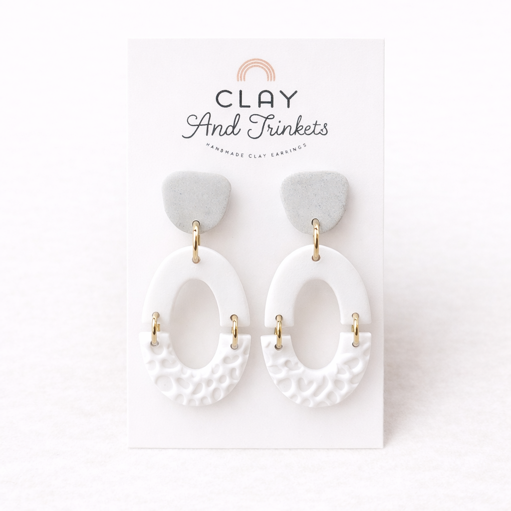 White Split Oval Dangle Earrings