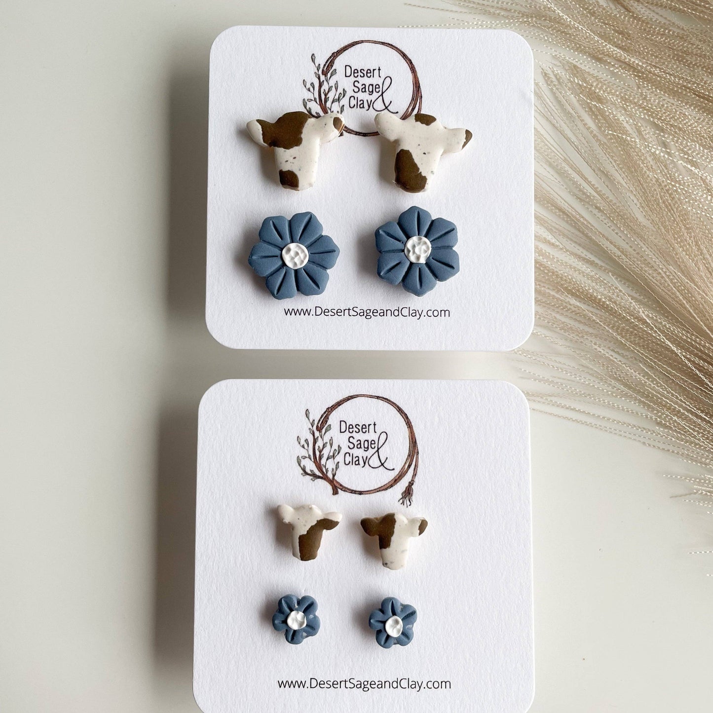 Clay Earring Western Boho Cow Studs in Brown: Mini Cow & Gold Flower