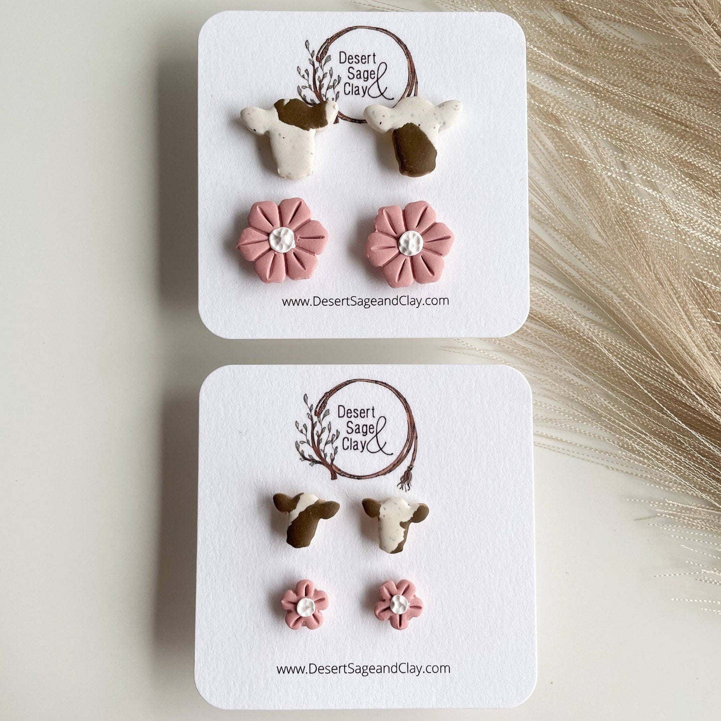 Clay Earring Western Boho Cow Studs in Brown: Mini Cow & Pink Flower
